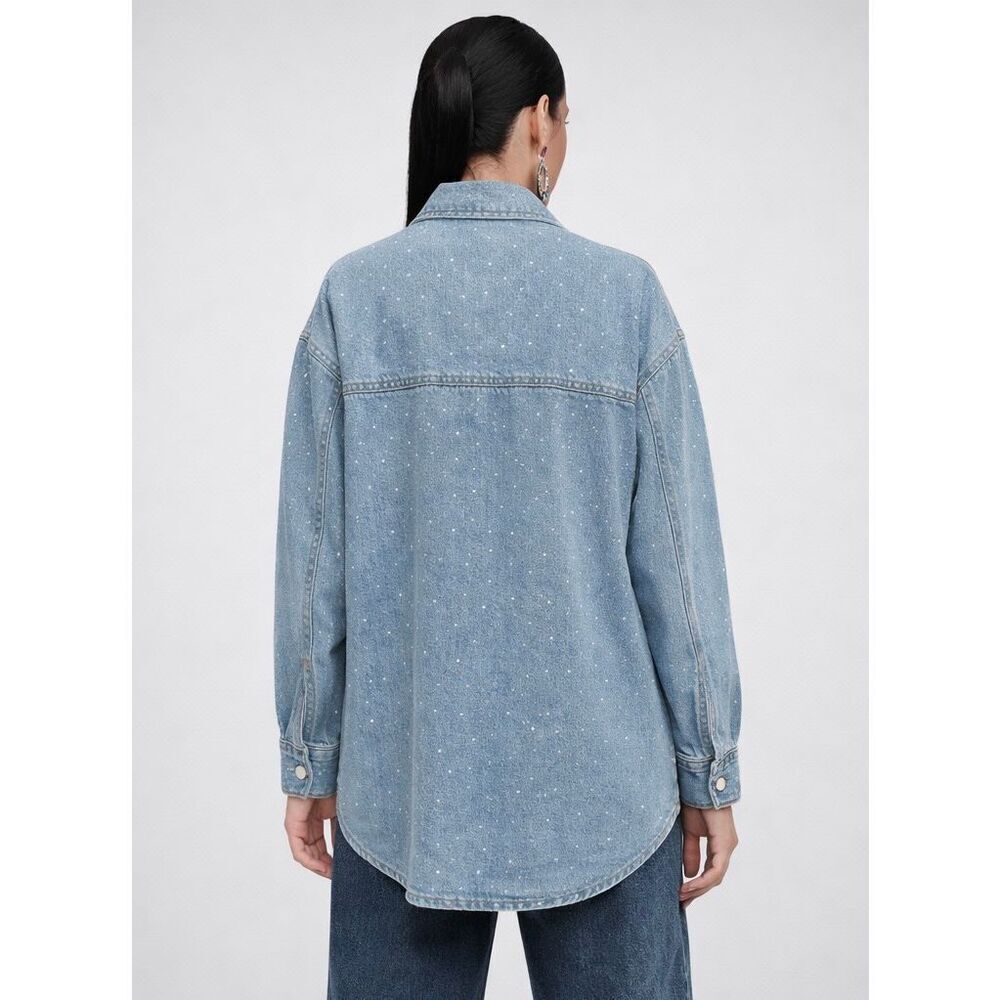 Avec Les Filles Rhinestone Denim Shacket Size L Embellished Button Front - Picture 2 of 12